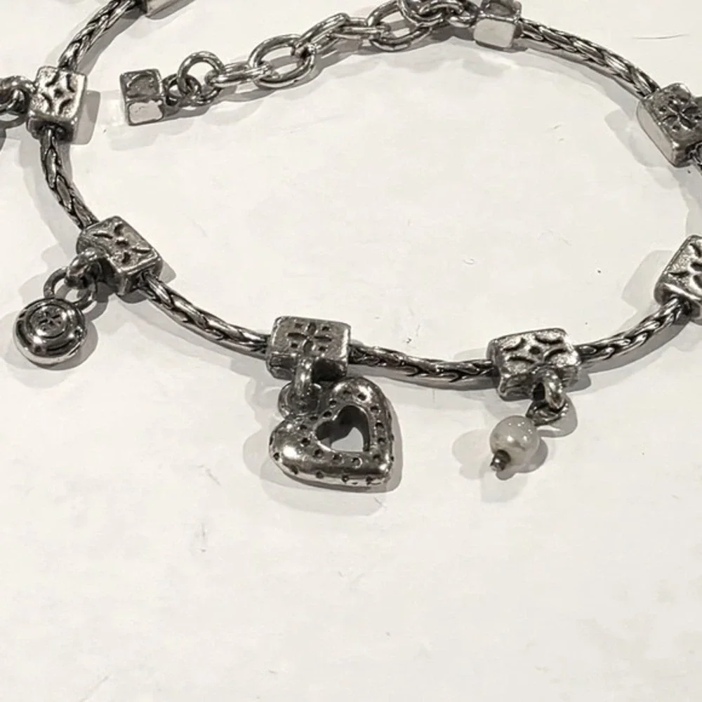 Brighton‎ Amber Heart Retired Vintage Cross Silver Plated Charm Bracelet